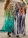 Momentlover Split-side Printed Leopard Short Sleeves Loose V-neck Maxi Dresses Beach Cover-Up
