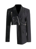 Momentlover Zipper Split-Joint Solid Color Asymmetric Loose Long Sleeves Notched Collar Outerwear Blazer