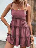 Momentlover A-Line High Waisted Backless Jacquard Solid Color Split-Joint Tied U-Neck Mini Dresses Slip Dress