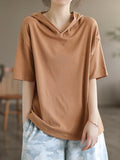 Momentlover Solid Color Hooded Short Sleeves Hooded T-Shirts Tops