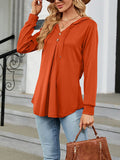 Long Sleeves Loose Buttoned Drawstring Hooded Solid Color V-Neck T-Shirts Tops