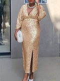 Momentlover Loose Short Sleeves Shiny Solid Color V-Neck Maxi Dresses