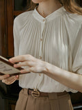 Momentlover Pleated Buttoned Short Sleeves Puff Sleeves Round-neck Blouses&shirts Tops