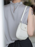 Momentlover Solid Color Ruffled Pleated Hollow Sleeveless Loose Stand Collar Vest Top