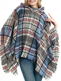 Momentlover Plaid Keep Warm Hooded Fringed Shawl&Cloak Cape