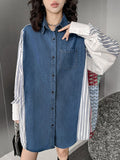 Momentlover Striped Split-Joint Pockets Contrast Color Buttoned Loose Long Sleeves Lapel Blouses&Shirts Tops