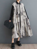 Momentlover Wash Painting Split-Joint Printed Buttoned Loose Long Sleeves Lapel Shirt Dress Midi Dresses
