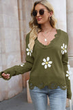 Momentlover Flower Distressed Ribbed Trim Sweater