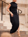 Momentlover Loose Sleeveless Solid Color Split-Side Shawl Collar Long Skirts Maxi Dresses