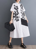 Momentlover Flower Print Buttoned Asymmetric Short Sleeves Loose Lapel Shirt Dress Midi Dresses