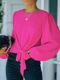 Momentlover Tied Solid Color Hollow Elasticity Puff Sleeves Loose Round-Neck T-Shirts Tops