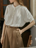 Momentlover Pleated Buttoned Short Sleeves Puff Sleeves Round-neck Blouses&shirts Tops