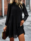 Momentlover Tied Split-Joint Solid Color Pleated Elasticity Long Sleeves High Waisted Mock Neck Mini Dresses