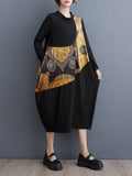Momentlover Split-Joint Printed Asymmetric Loose Long Sleeves Round-Neck Midi Dresses