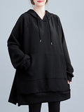 Momentlover Split-side Solid Color Pockets Drawstring Buttoned Raglan Sleeve Loose Hooded Hoodies Tops