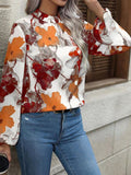 Momentlover Pleated Flower Print Elasticity Puff Sleeves Loose Mock Neck Blouses&Shirts Tops