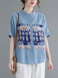 Momentlover Artistic Retro Loose Applique Printed Blouse