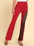 Momentlover Zipper Split-Joint Mesh Asymmetric High Waisted Pants Flared Trousers