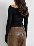 Momentlover Solid Color Asymmetric Skinny Long Sleeves Asymmetric Collar T-Shirts Tops
