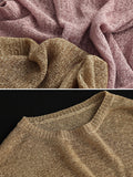 Momentlover Solid Color See-Through Loose Long Sleeves Round-Neck Sweater Tops