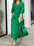 Momentlover Loose Solid Color Split-Side Notched Collar Maxi Dresses