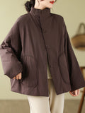 Momentlover Long Sleeves Loose Buttoned Polka-Dot Quilted Solid Color High Neck Padded Coat