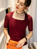 Momentlover Simple Solid Color Square-Neck Half Sleeves Shirt