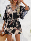 Momentlover Leaves Print Drawstring Buttoned Loose Half Sleeves V-Neck Mini Dresses