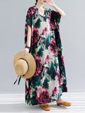 Momentlover Artistic Retro Short Sleeves Loose Floral Printed Contrast Color V-Neck Maxi Dresses