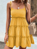 Momentlover A-Line High Waisted Backless Jacquard Solid Color Split-Joint Tied U-Neck Mini Dresses Slip Dress