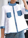 Momentlover A-line High-low Buttoned Pockets Mock Neck Blouses&shirts Tops