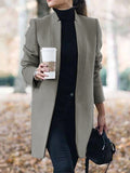 Momentlover Long Sleeves Solid Color Split-Joint Stand Collar Outerwear Woolen Coat