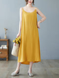 Momentlover Solid Color Sleeveless Loose Spaghetti-Neck Midi Dresses