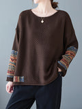 Momentlover Split-Joint Printed Loose Long Sleeves Round-Neck Sweater Tops Pullovers