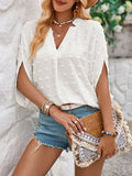 Momentlover Solid Color Jacquard Loose Half Sleeves V-Neck T-Shirts Tops