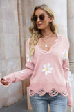 Momentlover Flower Distressed Ribbed Trim Sweater