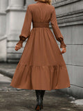 Momentlover Solid Color Pleated Elasticity Loose Long Sleeves V-Neck Midi Dresses