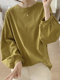 Momentlover Solid Color Pleated Puff Sleeves Loose Round-Neck T-Shirts Tops