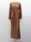 Momentlover Solid Color Pleated Loose Long Sleeves Round-Neck Maxi Dresses