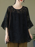 Momentlover Split-Joint See-Through Pleated Falbala Short Sleeves Loose Round-Neck T-Shirts