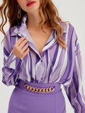 Momentlover Striped Contrast Color Loose Long Sleeves Lapel Blouses