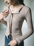 Momentlover Split-Front Skinny Long Sleeves V-Neck T-Shirts Tops