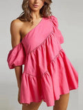 Momentlover Loose Puff Sleeves Asymmetric Solid Color One-Shoulder Mini Dresses