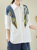 Momentlover Printed Loose Half Sleeves Lapel Blouses&shirts Tops