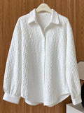 Momentlover Simple Loose Long Sleeves Buttoned Solid Color Textured Lapel Collar Blouses&Shirts Tops