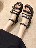 Momentlover Split-Joint Round-Toe Lace-Up Belt Buckle Sandals Platform Shoes