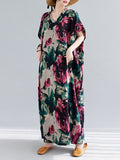 Momentlover Artistic Retro Short Sleeves Loose Floral Printed Contrast Color V-Neck Maxi Dresses
