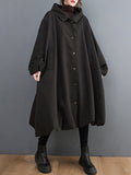 Momentlover Solid Color Pockets Buttoned Loose Long Sleeves Hooded Woolen Coat