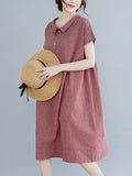 Momentlover Artistic Retro Loose Plaid Buttoned Lapel Collar Midi Dress