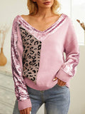 Momentlover Leopard Sequin V-Neck Long Sleeve Sweater